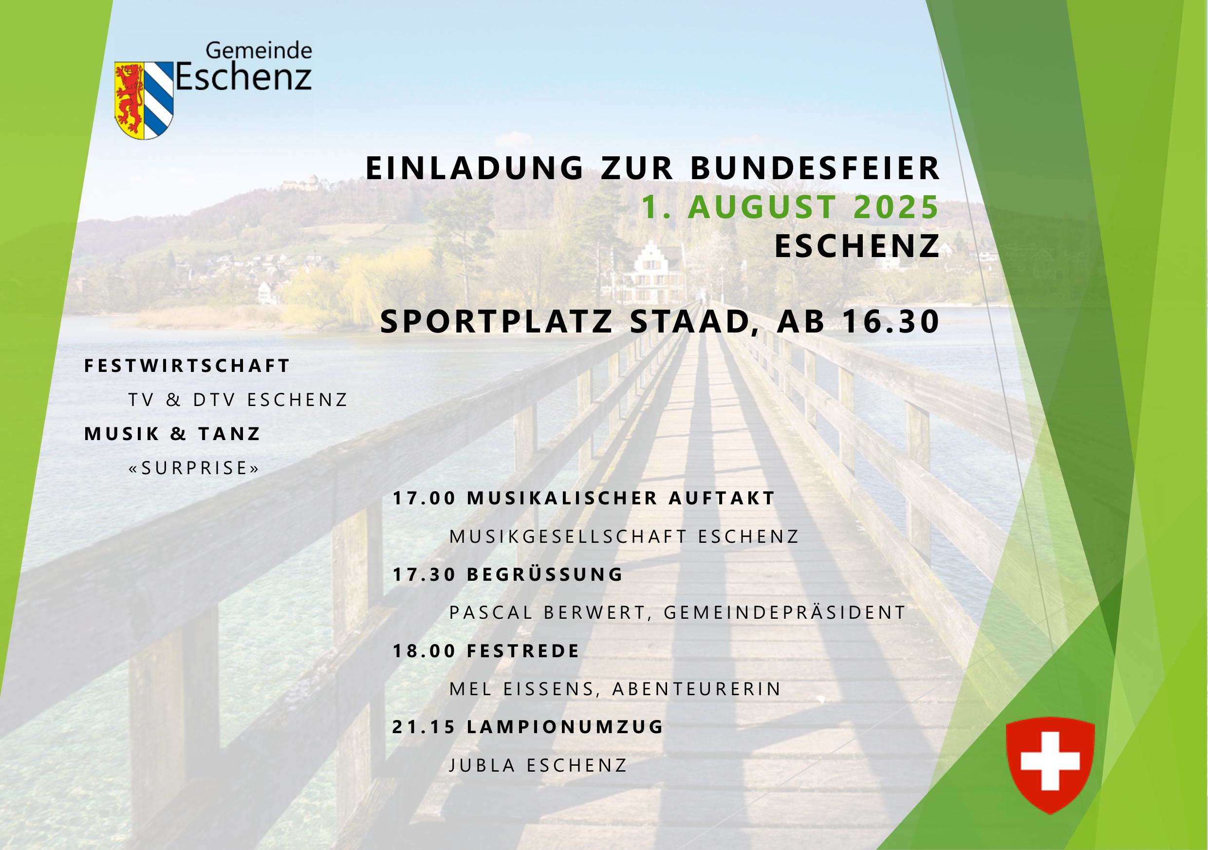 Einladung zur Bundesfeier Eschenz 1. August 2025